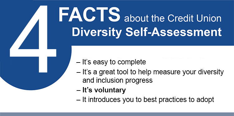 4 datos sobre la autoevaluación de la diversidad de las Cooperativas de ahorro y crédito. Es fácil de completar. Es una gran herramienta para medir tu progreso en diversidad e inclusión. Es voluntario. Le presenta las mejores prácticas.