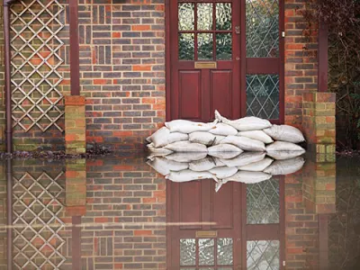 Casa inundada con sacos de arena